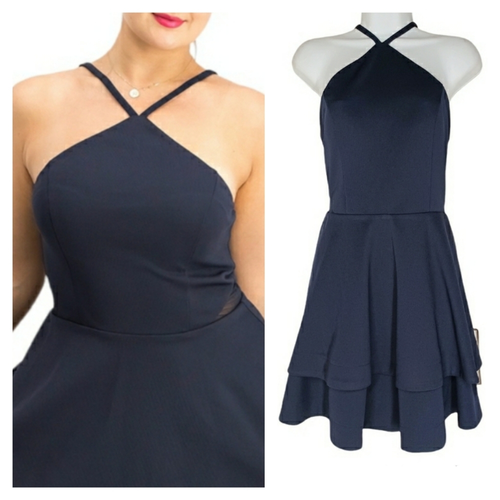SPEECHLESS Navy Blue Halter Neckline Fit and Flare Dress 13 (Juniors) Large NWT